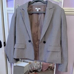 Bar III Women's Black Blue Beige and White Houndstooth Style Blazer
